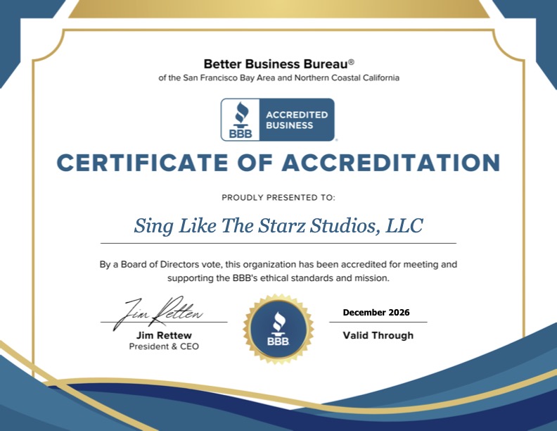 BBB A+ Rating for Sing Like The Pros & Sing Like The Starz Studios Common Sense Singing CSS Voice Lessons